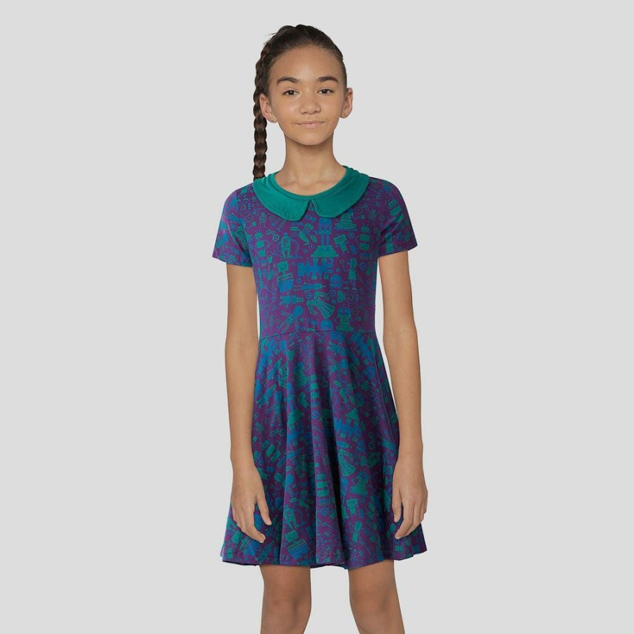 Kids & Babies * | Brothers Knit Garments Robots We Want Kids Twirl Dress [Final Sale] Purple/Green