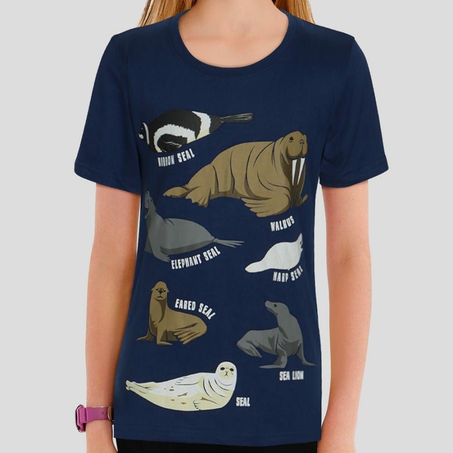 Kids & Babies * | Brothers Knit Garments Pinnipeds Kids T-Shirt Navy Blue/Multicolored Print