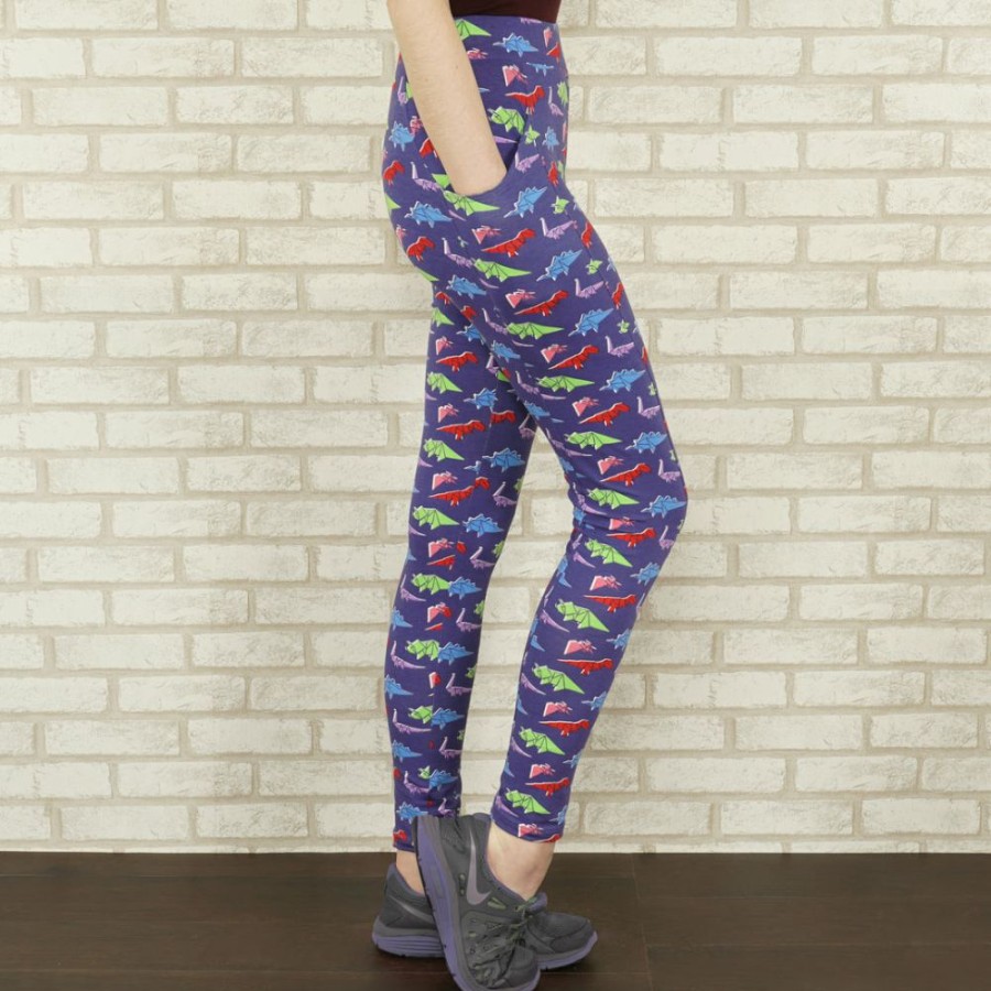 Adults * | Brothers Knit Garments Origami Dinosaurs Adults Leggings With Pockets Purple/Multicolored Print