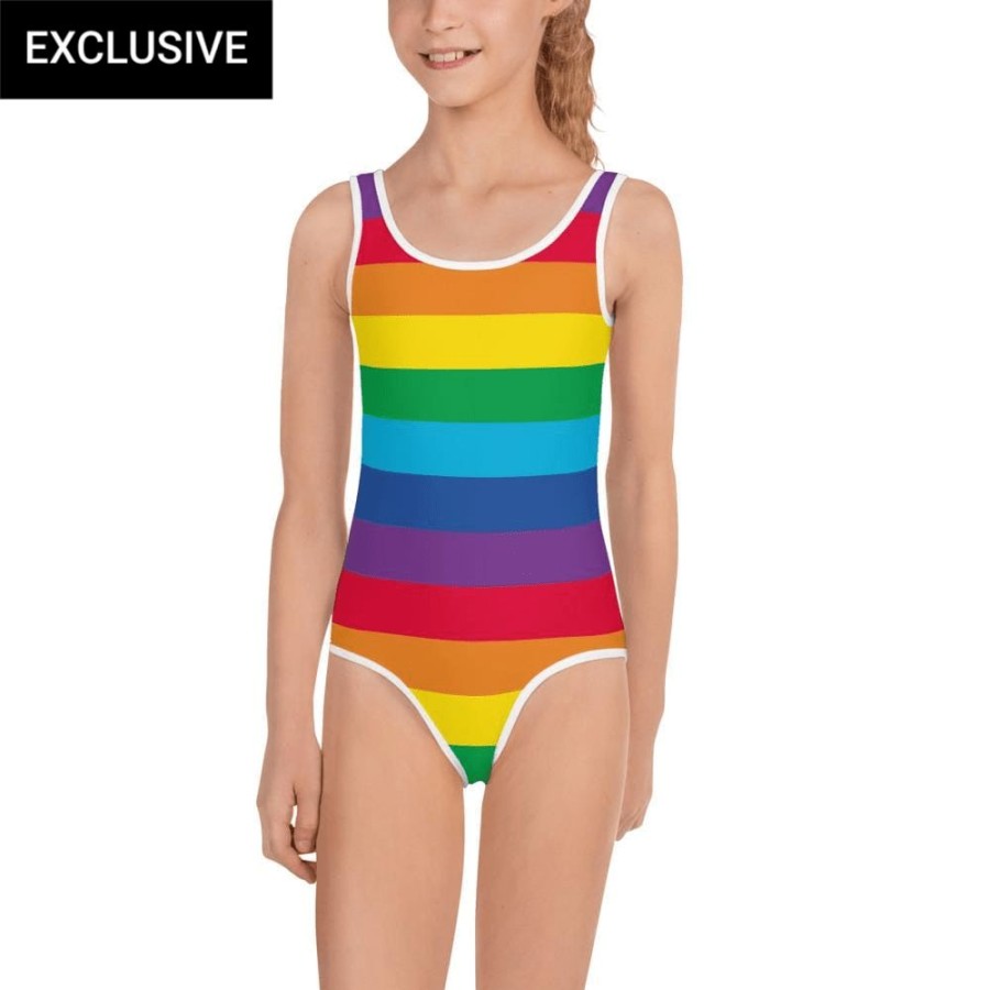 Kids & Babies * | Svaha Apparel Rainbow Stripes Custom All-Over Print Kids Swimsuit