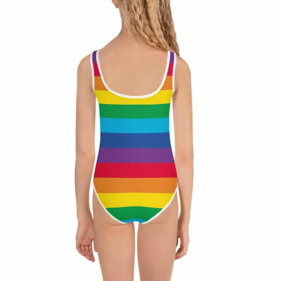 Kids & Babies * | Svaha Apparel Rainbow Stripes Custom All-Over Print Kids Swimsuit