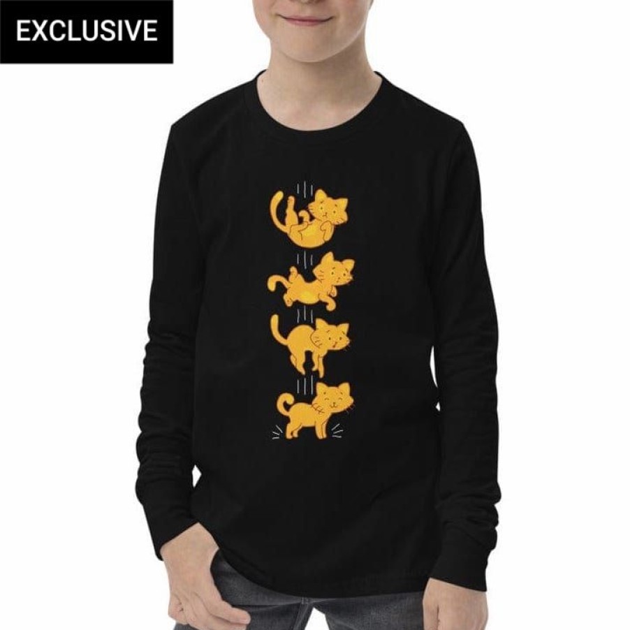 Kids & Babies * | Svaha Apparel T-Shirts & Hoodies Falling Cat Kids Long Sleeve Custom T-Shirt