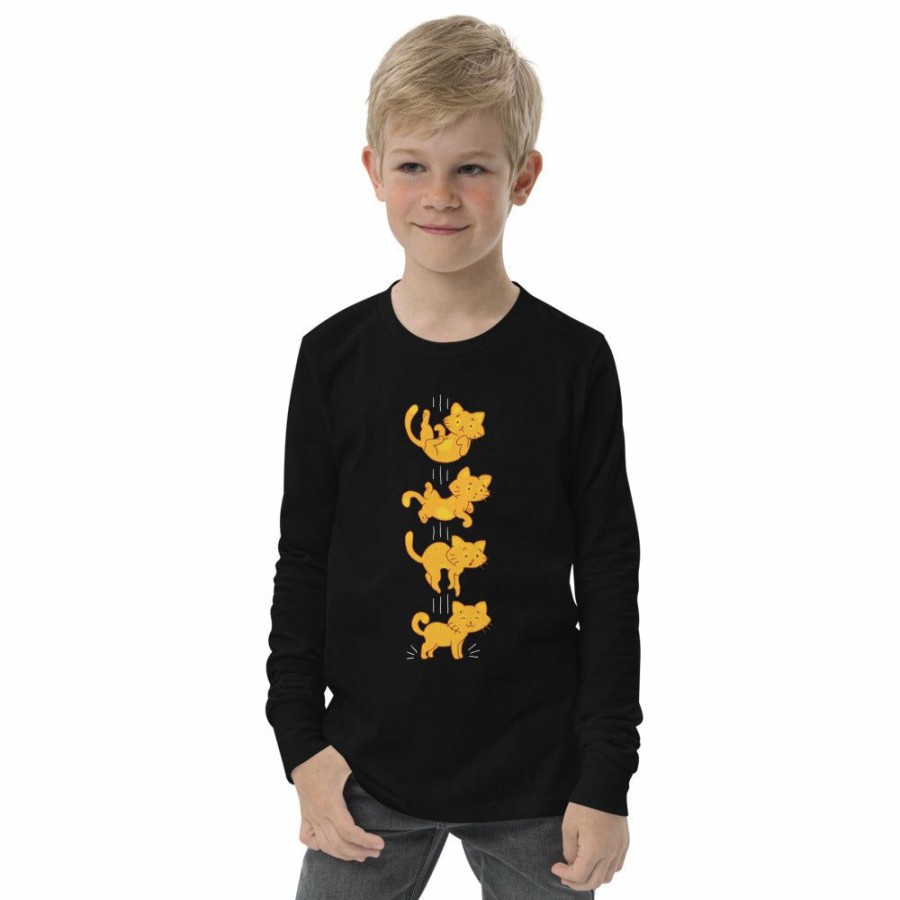 Kids & Babies * | Svaha Apparel T-Shirts & Hoodies Falling Cat Kids Long Sleeve Custom T-Shirt