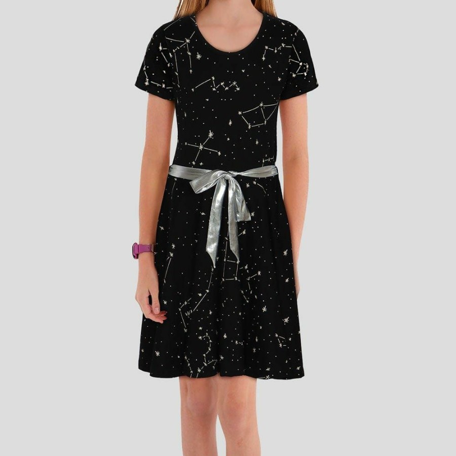 Kids & Babies * | Svaha Apparel Matching Family Sets Constellations Glow-In-The-Dark Short Sleeve Kids Twirl Dress Black