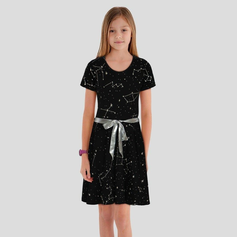 Kids & Babies * | Svaha Apparel Matching Family Sets Constellations Glow-In-The-Dark Short Sleeve Kids Twirl Dress Black