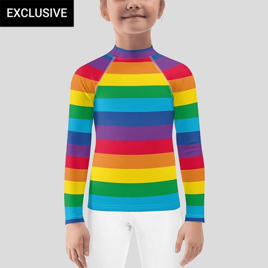 Kids & Babies * | Svaha Apparel Rainbow Stripes Custom Kids Rash Guard Kids & Babies