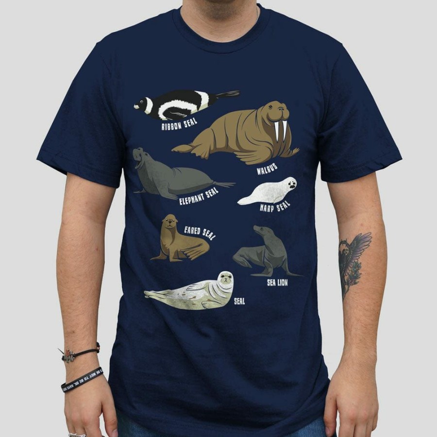 Adults * | Brothers Knit Garments Pinnipeds Unisex Adults T-Shirt Navy Blue/Multicolored Print