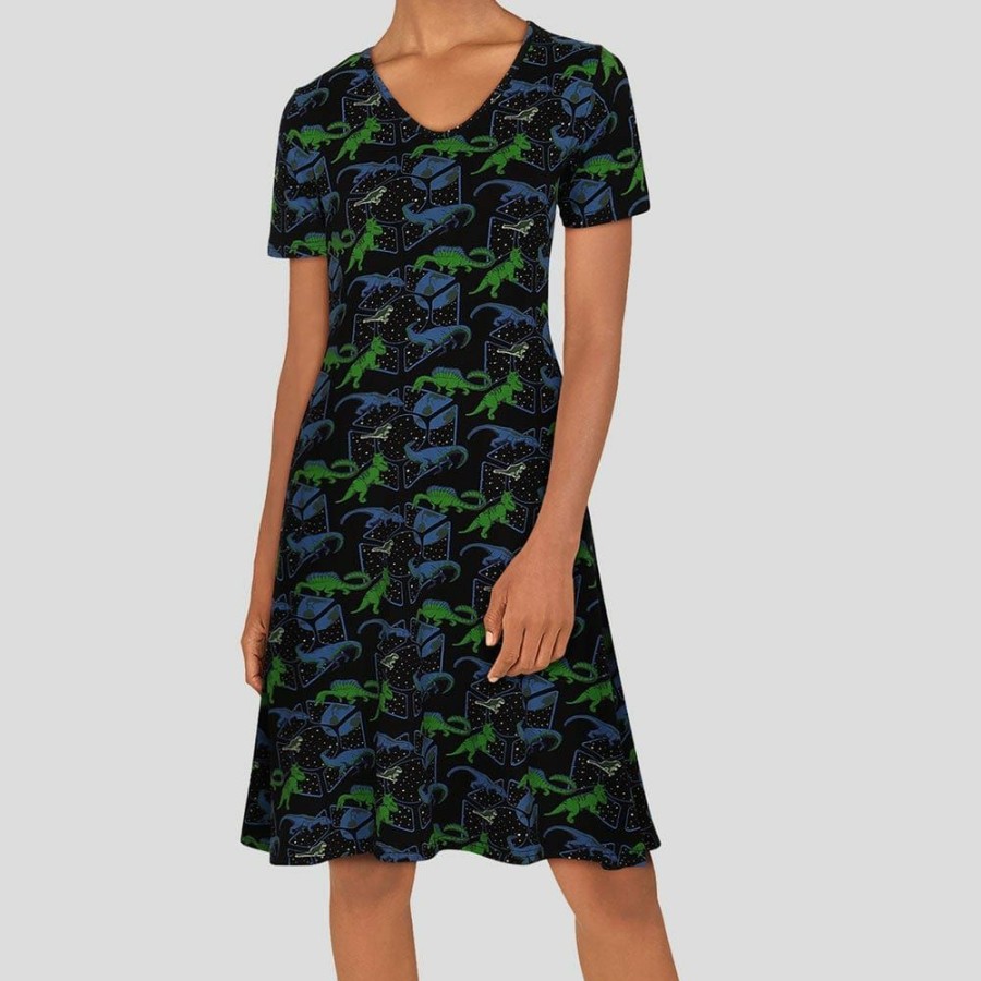 Adults * | Brothers Knit Garments Dinos In Space Glow-In-The-Dark Katherine Dress Black