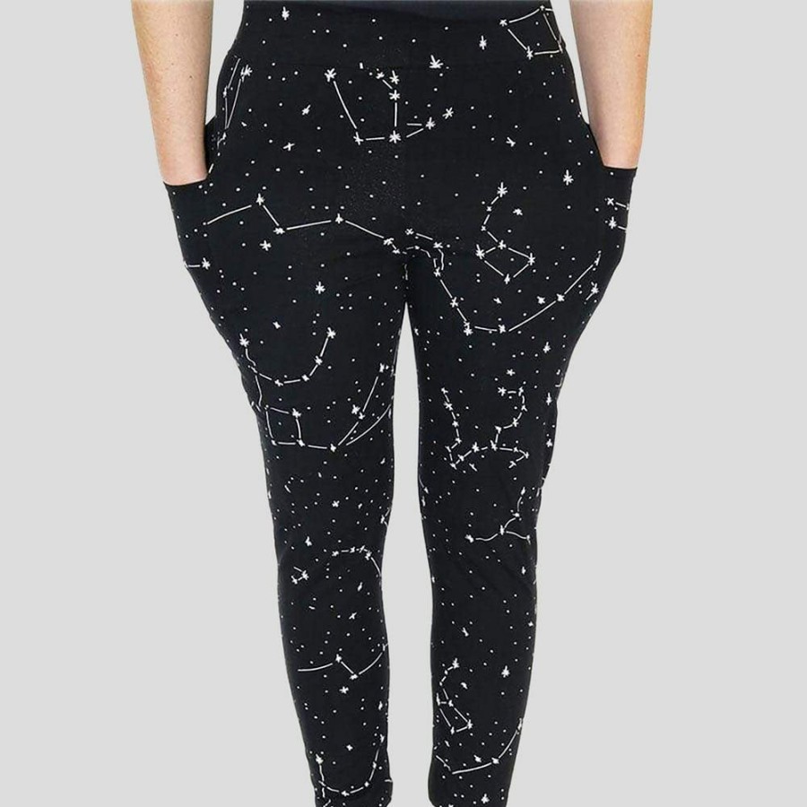 Adults * | Brothers Knit Garments Constellations Glow-In-The-Dark Adults Cotton Leggings With Pockets Black