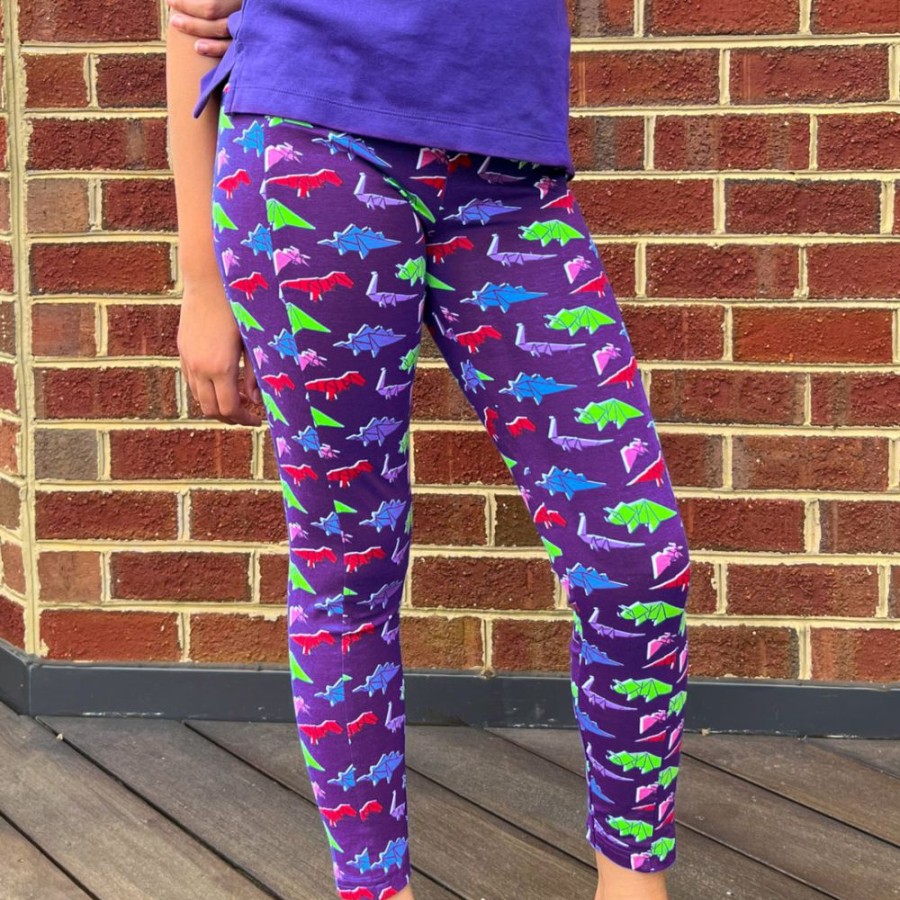 Kids & Babies * | Brothers Knit Garments Origami Dinosaurs Kids Leggings With Pockets Purple