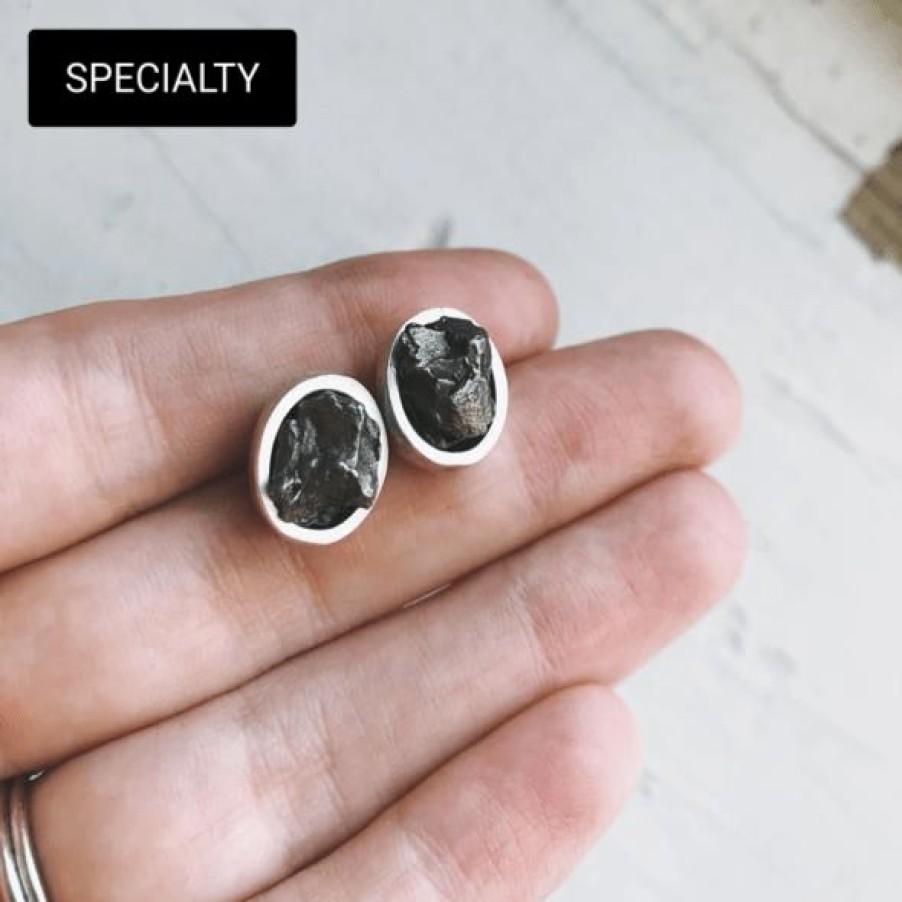 Accessories * | Yugen Tribe Oval Raw Meteorite Small Stud Earrings Accessories Silver