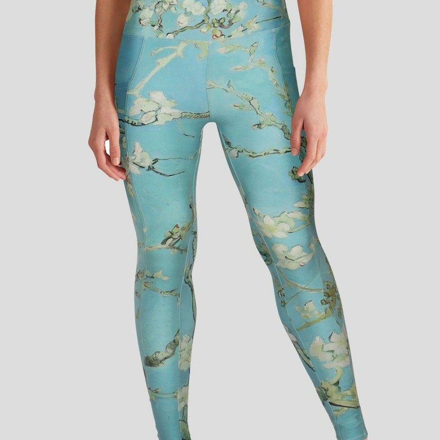 Adults * | Svaha Apparel Almond Blossoms Adults Leggings With Pockets Light Blue