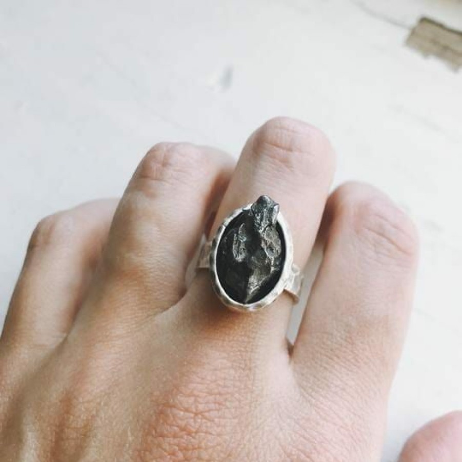 Accessories * | Yugen Tribe Oval Raw Meteorite Ring Silver